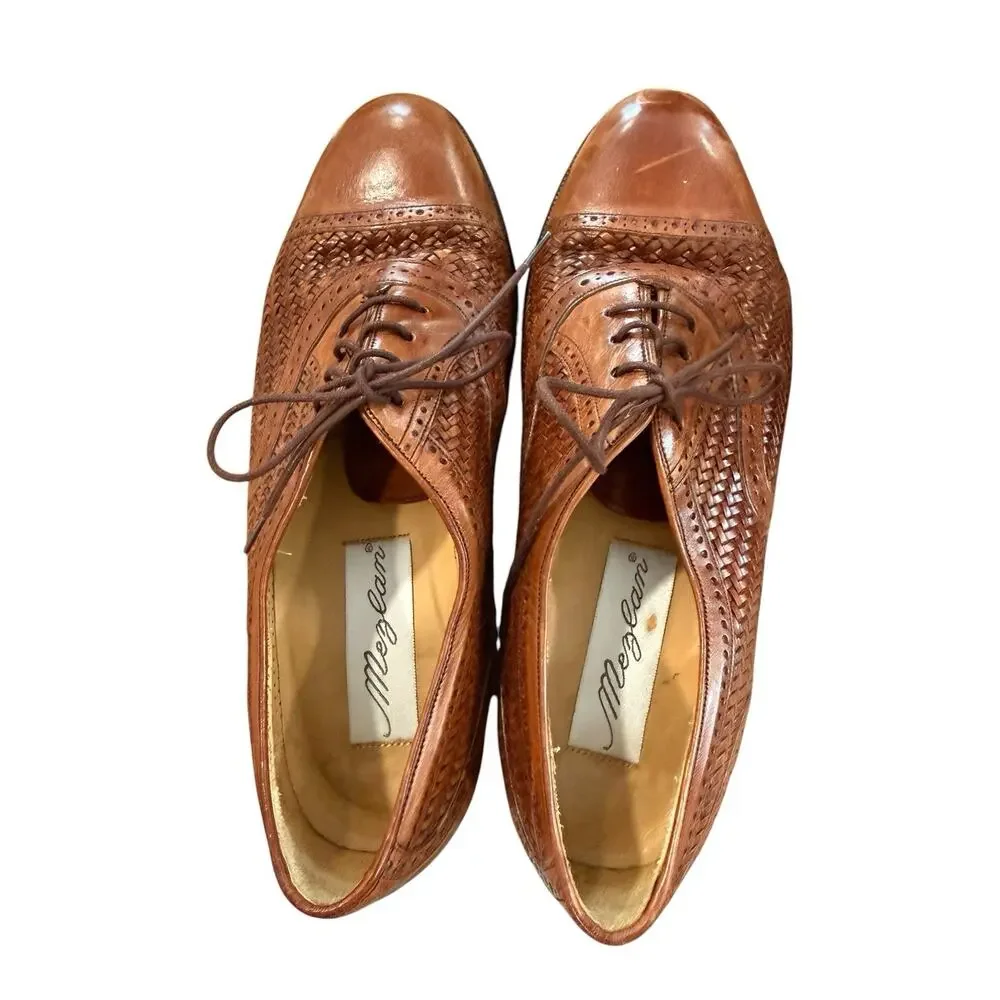 Mezlan Men's Woven Brown Leather Cap Toe Oxford Dress Shoes Size 8W Weaved